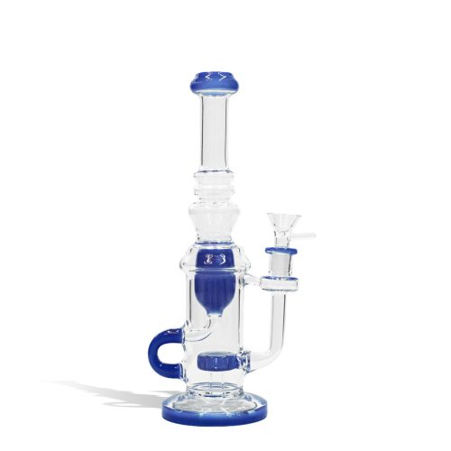 Blue front view 10 inch water pipe with color matching base, perc, difuser, and mouthpiece on white studio background