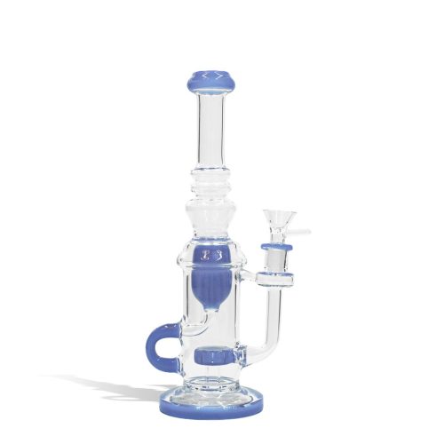 Milky Blue front view 10 inch water pipe with color matching base, perc, difuser, and mouthpiece on white studio background