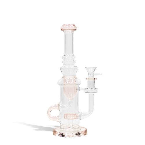 Pink front view 10 inch water pipe with color matching base, perc, difuser, and mouthpiece on white studio background