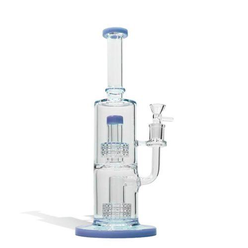 Jade Blue 12 Inch Dual Perc Waterpipe with Color Matched Mouthpiece and Base on white studio background