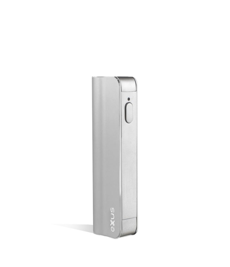 Silver angle Exxus Vape Snap VV Cartridge Vaporizer on white studio background